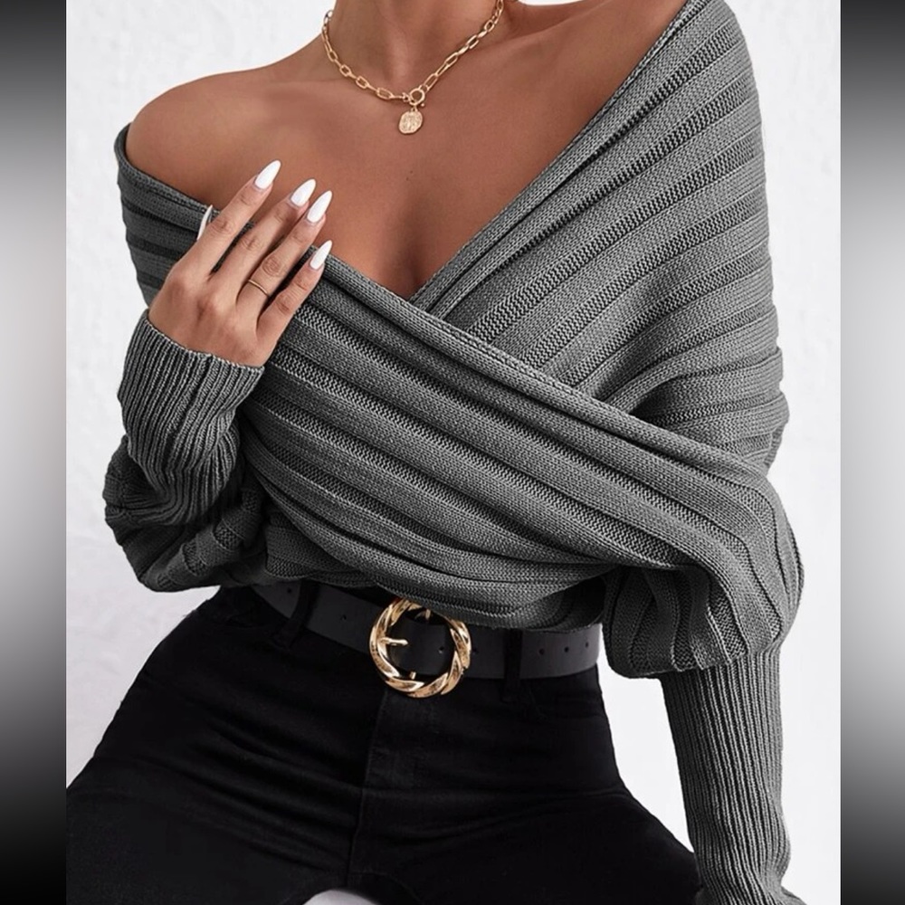 Grey Wrap Ribbed Knit Sexy Long Sleeve Deep V Neck Crop Sweater NWOT